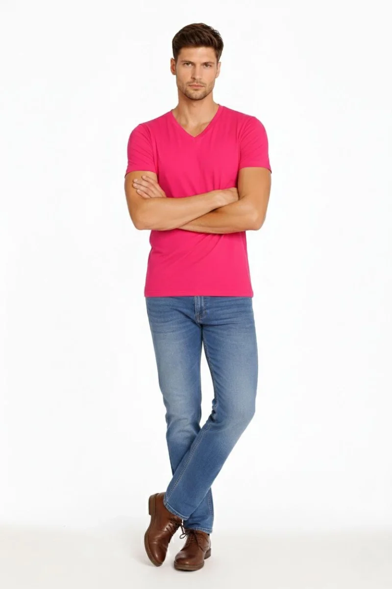 Erkek T-Shirt V Yaka Slim Fit dar kesim Likralı Tişört Günlük Basic Body - Pembe