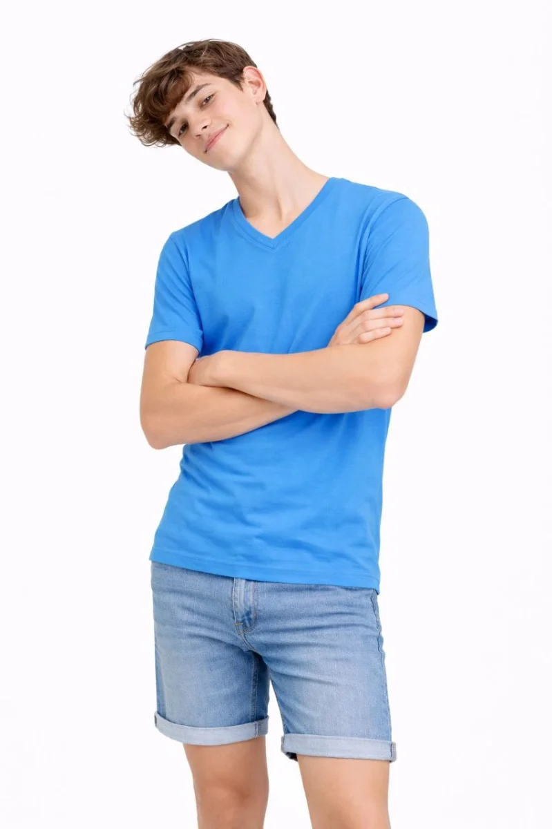 Genç Erkek Çocuk V Yaka Tişört Yazlık Model Günlük Basic Body - Açık Mavi