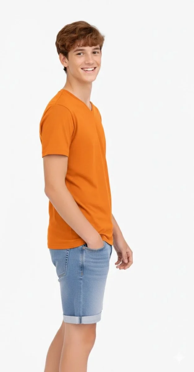 Genç Erkek Çocuk V Yaka Tişört Yazlık Model Günlük Basic Body - Turuncu