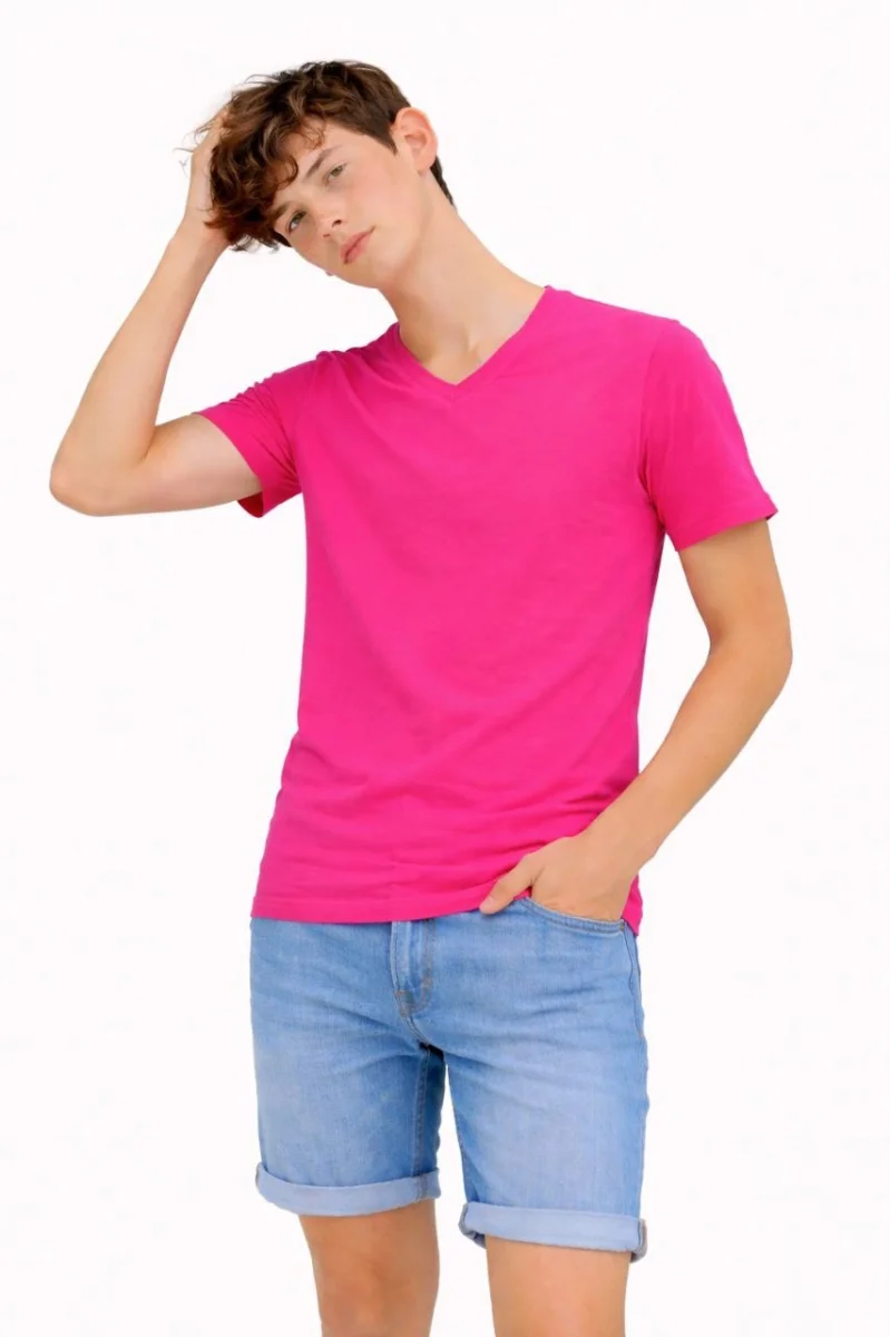 Genç Erkek Çocuk V Yaka Tişört Yazlık Model Günlük Basic Body - Pembe