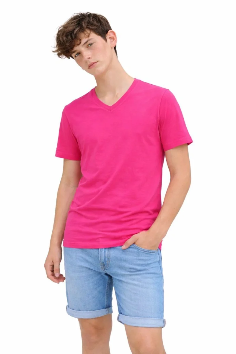 Genç Erkek Çocuk V Yaka Tişört Yazlık Model Günlük Basic Body - Pembe