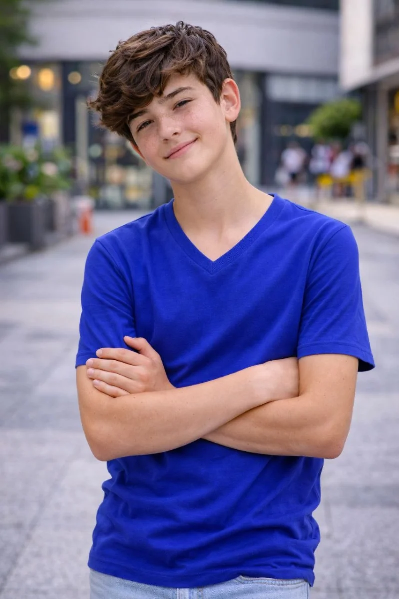 Genç Erkek Çocuk V Yaka Tişört Yazlık Model Günlük Basic Body - Saks Mavisi