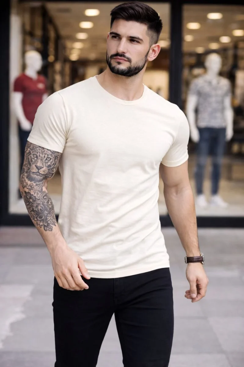 Erkek T-Shirt Bisiklet Yaka Slim Fit dar kesim Likralı Tişört Günlük Basic Body - Taş