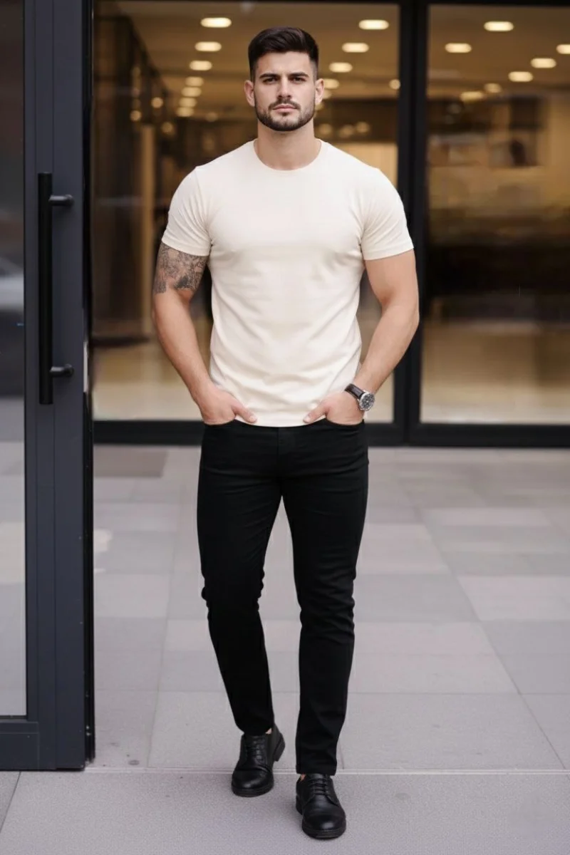 Erkek T-Shirt Bisiklet Yaka Slim Fit dar kesim Likralı Tişört Günlük Basic Body - Taş