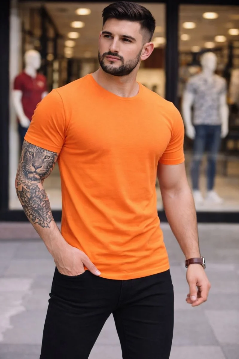 Erkek T-Shirt Bisiklet Yaka Slim Fit dar kesim Likralı Tişört Günlük Basic Body - Turuncu