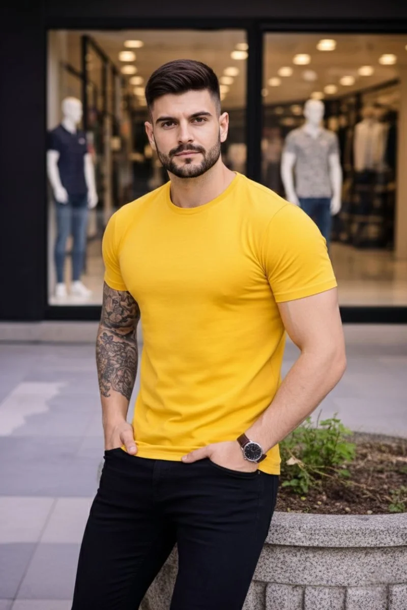 Erkek T-Shirt Bisiklet Yaka Slim Fit dar kesim Likralı Tişört Günlük Basic Body - Sarı