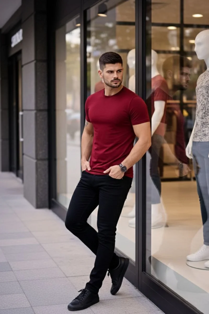 Erkek T-Shirt Bisiklet Yaka Slim Fit dar kesim Likralı Tişört Günlük Basic Body - Bordo