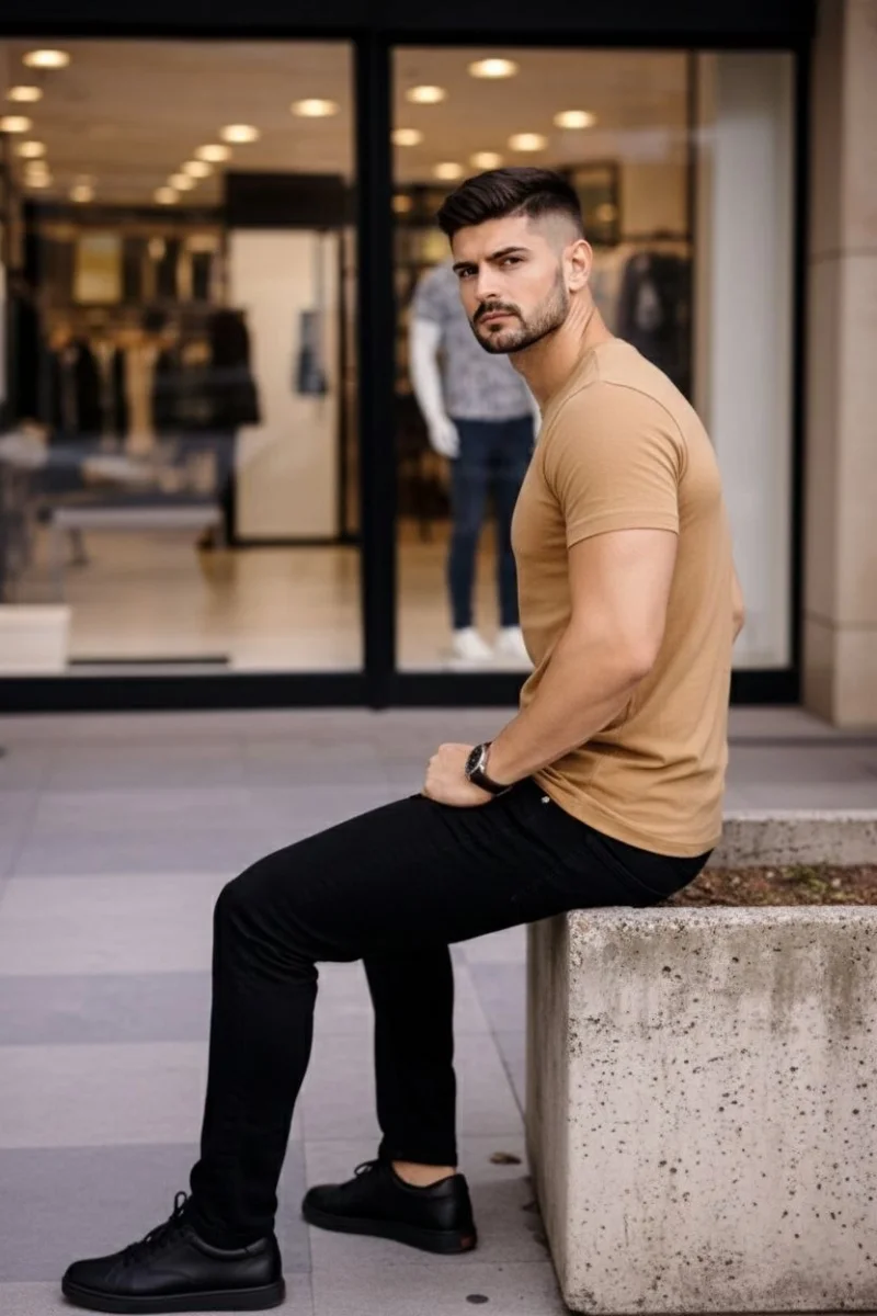 Erkek T-Shirt Bisiklet Yaka Slim Fit dar kesim Likralı Tişört Günlük Basic Body - Kahverengi