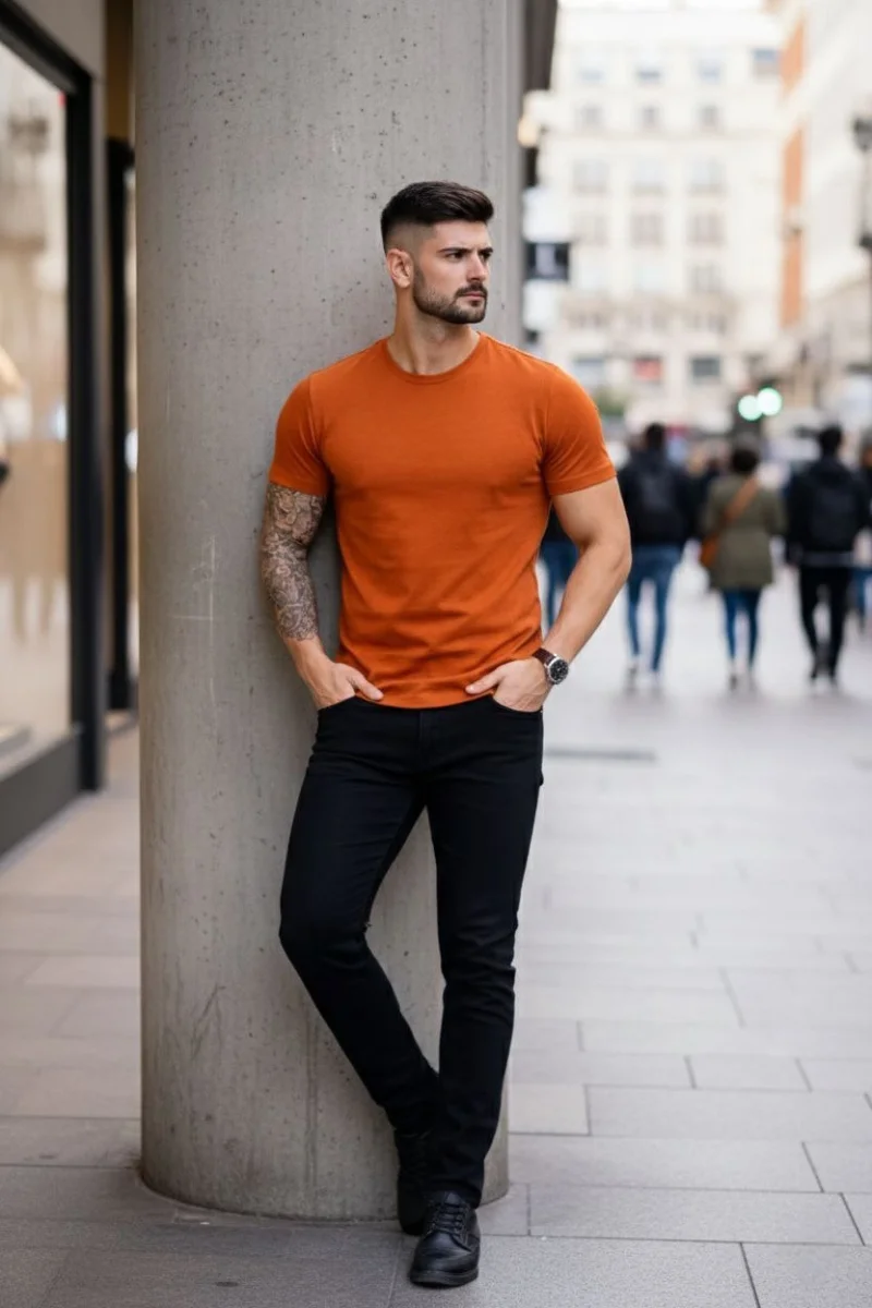 Erkek T-Shirt Bisiklet Yaka Slim Fit dar kesim Likralı Tişört Günlük Basic Body - Koyu Turuncu