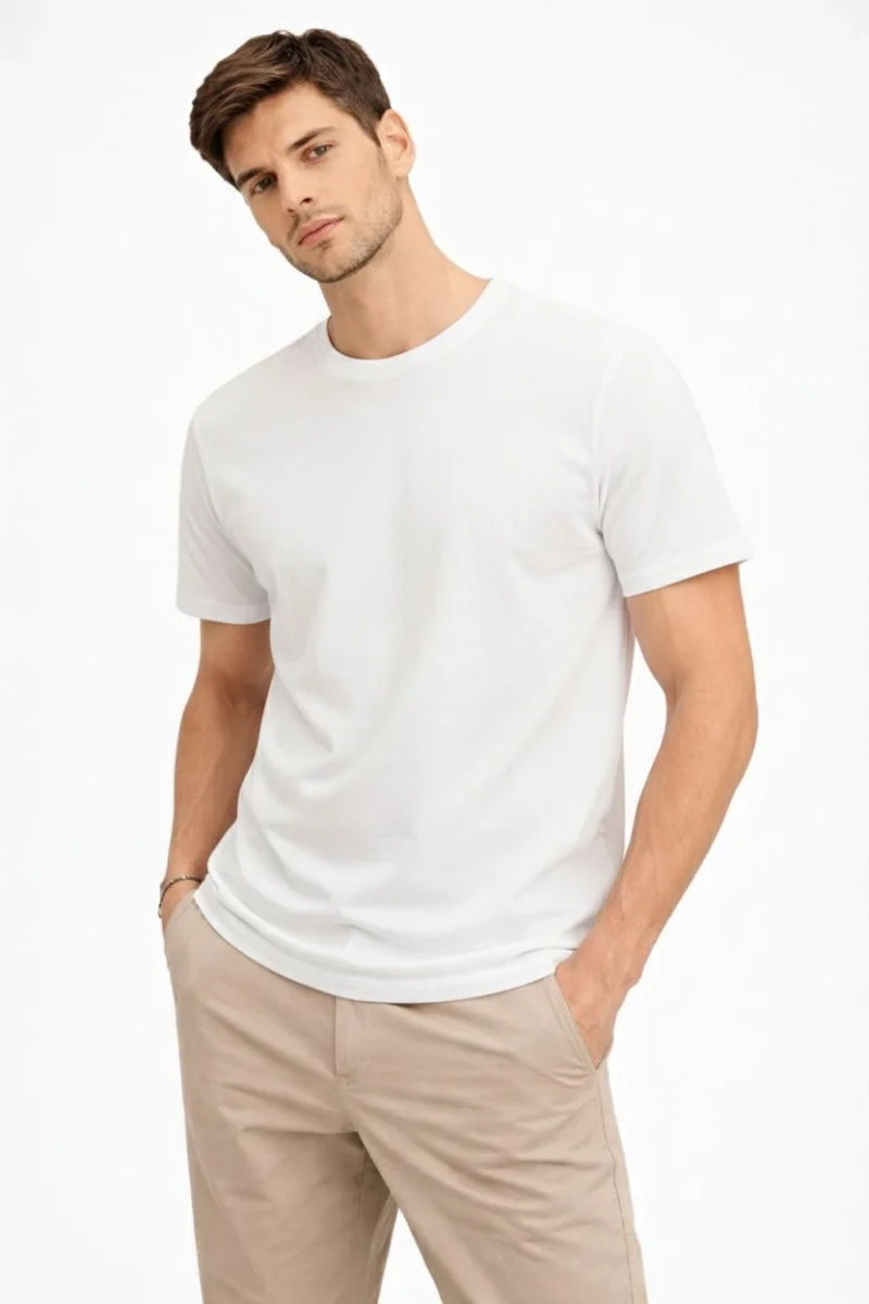 Erkek Bisiklet Yaka Tişört Regular Kalıp Basic Pamuklu Günlük Kullanım T-shirt - Beyaz