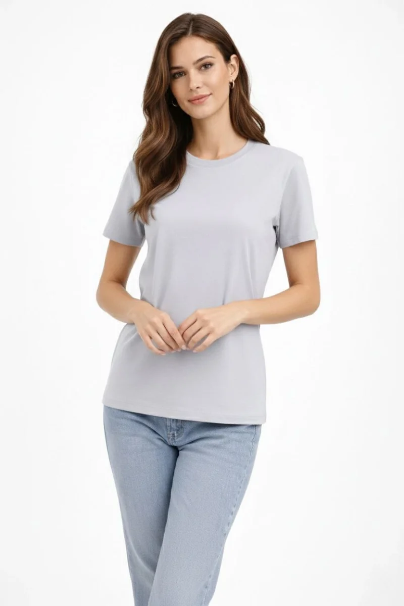Kadın Bisiklet Yaka Tişört  Regular Kalıp Basic Pamuklu  Günlük Kullanım  T-shirt - Gri