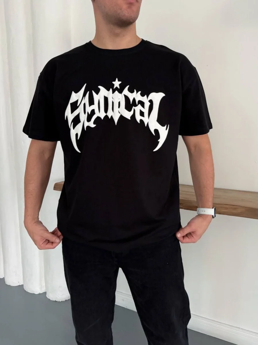 Erkek Bisiklet Yaka Ön Baskılı  Kısa Kollu Tişört Streetwear Günlük Basic Pamuklu T-shirt - Siyah