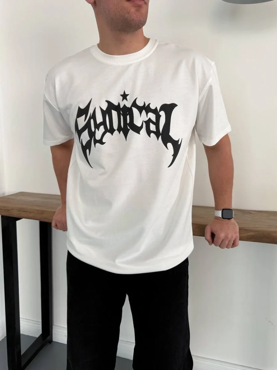 Erkek Bisiklet Yaka Ön Baskılı Kısa Kollu Tişört Streetwear Günlük Basic Pamuklu T-shirt - Beyaz