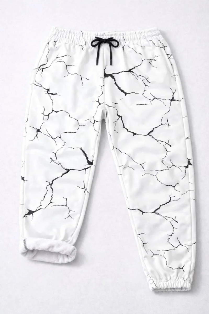 Kadın Dijital Baskılı Eşofman Altı Kışlık Üç İplik Şardonlu Kumaş Lastikli Paça, Cepli, Rahat Kalıp - Beyaz