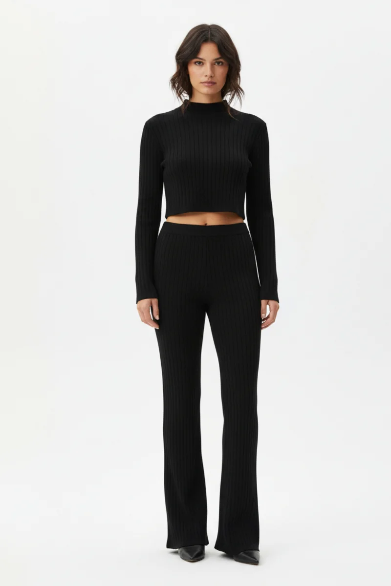 Kadın Siyah Fitilli Eşofman Takımı – Crop Uzun Kollu Üst & Paça Pantolon, Şık Günlük Set