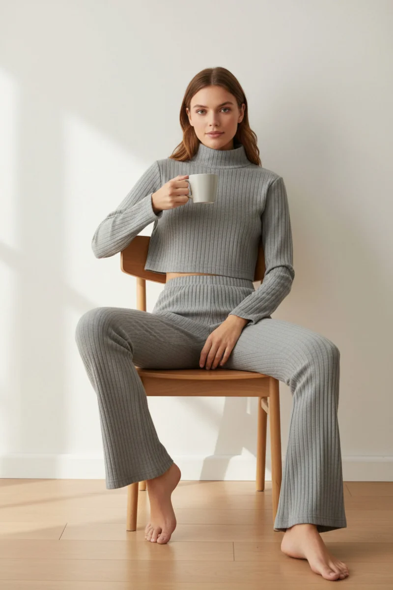 Kadın Fitilli Eşofman Takımı – Gri Boğazlı Crop Üst & İspanyol Paça Pantolon, Esnek Rahat Kalıp