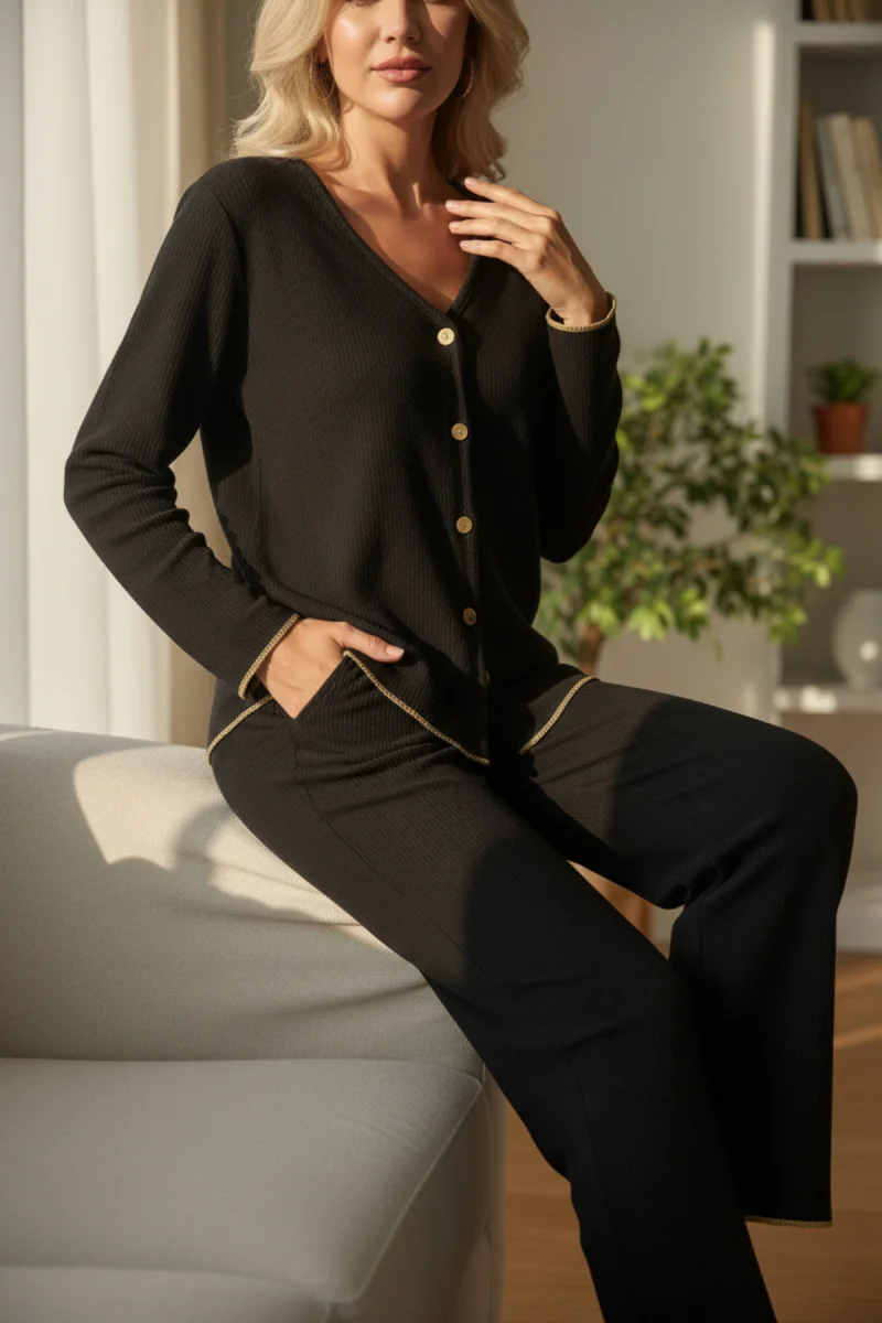 Premium Kadın Fitilli Pijama Takımı – Siyah Gold Biye Detaylı, Yumuşak Dokulu Ev Şıklığı