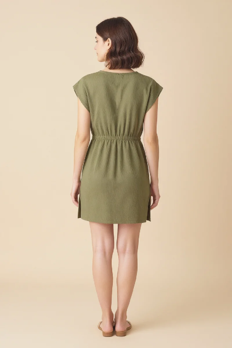 Kadın Haki Yanları Yırtmaçlı Tokalı V Yaka Mini Plaj Elbisesi