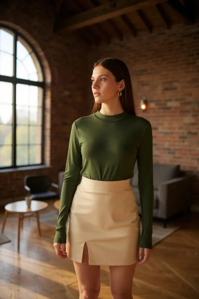 Kadın Haki Yeşili Parmak Detaylı Esnek Uzun Kollu Body