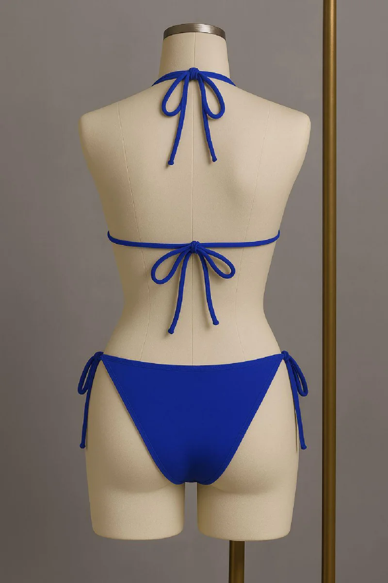Kadın Mavi Yandan ve Boyundan Bağlamalı Bikini Mayo Takımı