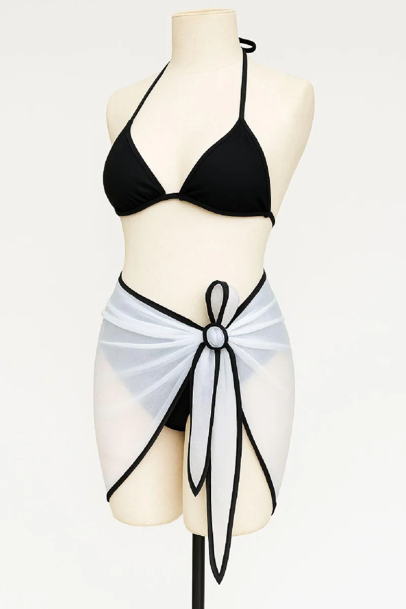 Kadın Siyah Beyaz Pareolu Yandan ve Boyundan Bağlamalı 3'lü Bikini Takımı