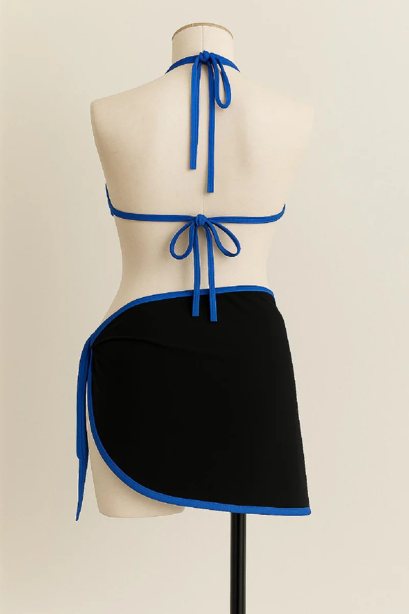 Kadın Mavi Pareolu Yandan ve Boyundan Bağlamalı 3'lü Bikini Takımı