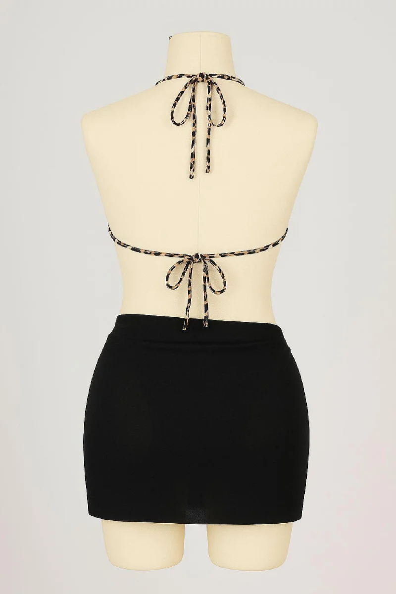 Kadın Siyah ve Leopar Desenli Pareolu 3'lü Bikini Takımı