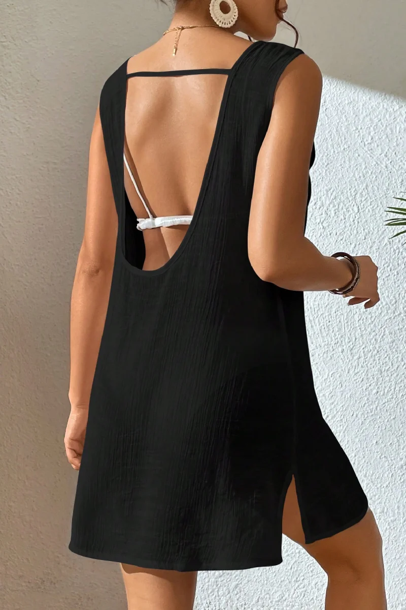 Kadın Siyah Sırt Detaylı Yırtmaçlı Plaj Elbisesi Pareo