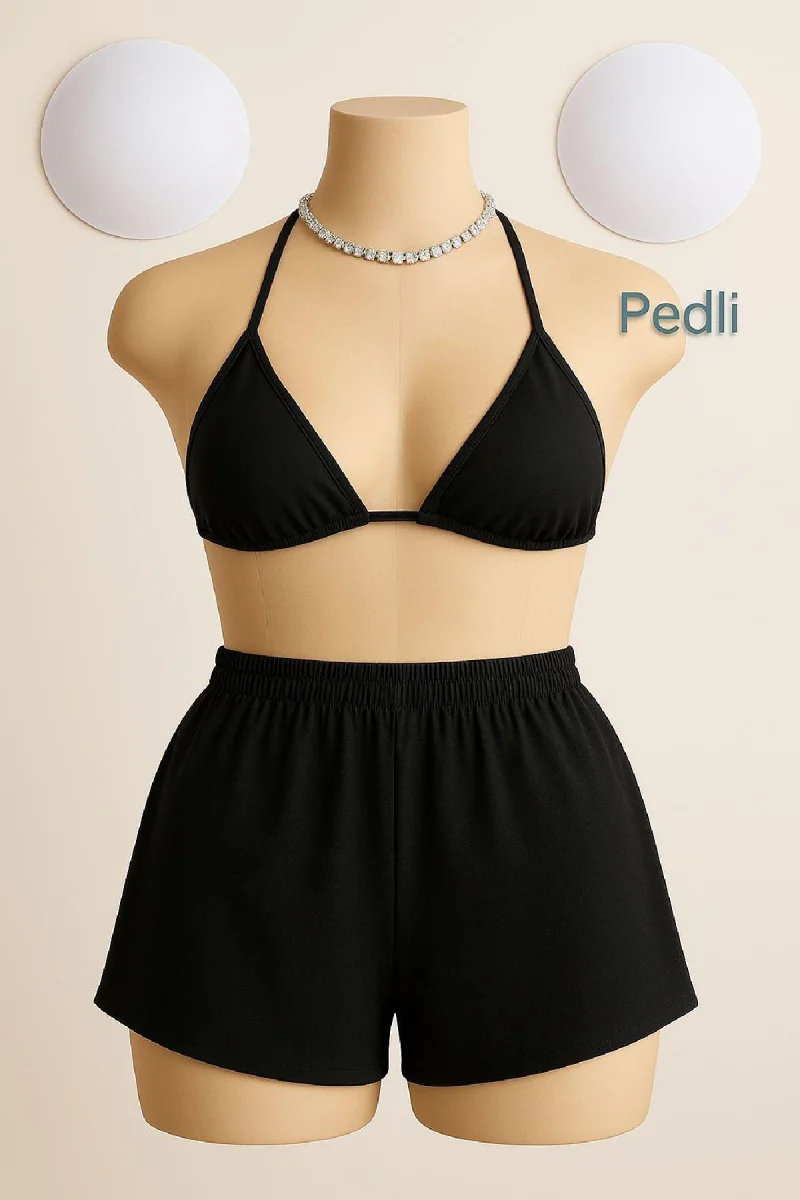 Kadın Siyah Şortlu Belden ve Boyundan Bağlamalı Bikini Takımı