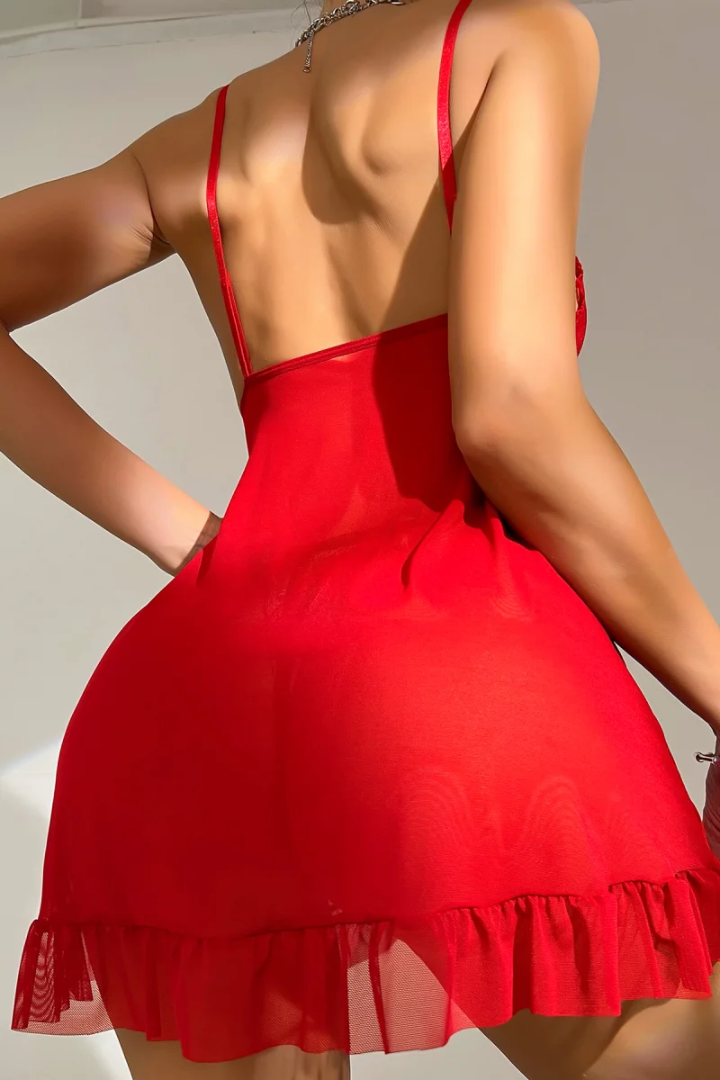 Kadın Kırmızı Dantelli, Fırfırlı Tül ve Fiyonk Detaylı Tangalı Gecelik Takımı