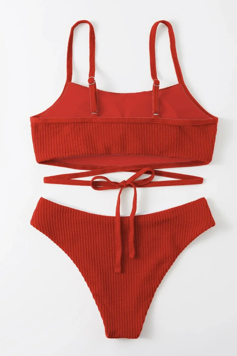 Kadın Kırmızı Çapraz Bağlama Detaylı Yüksek Bel Bikini Takımı
