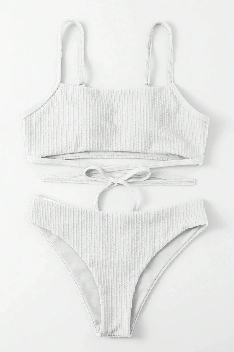 Kadın Beyaz Çapraz Bağlama Detaylı Yüksek Bel Bikini Takımı