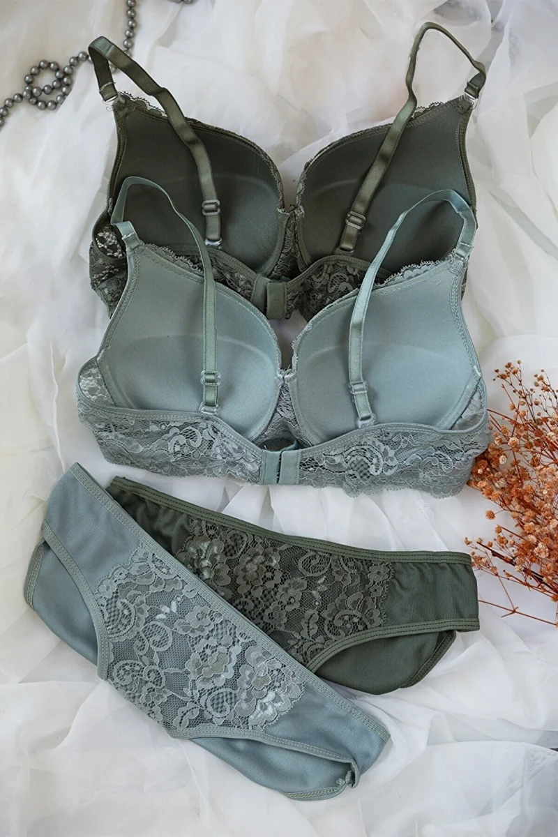 Kadın Haki Ve Su Yeşili Dolgulu Balenli Sütyen Külot 2'li Paket