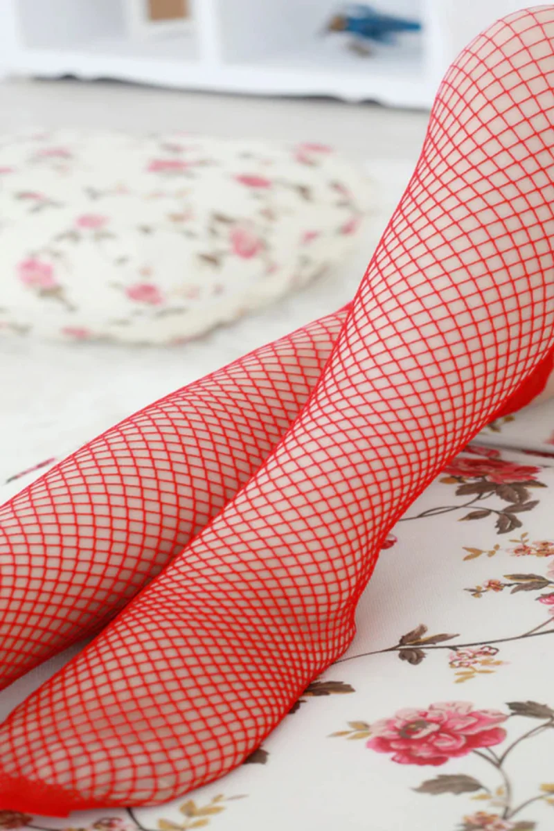 Kadın Kırmızı Üstü Dantel Fileli Jartiyer Çorabı