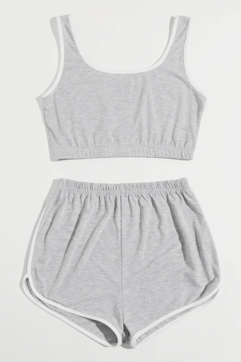 Kadın Gri Askılı Crop Top ve Şortlu Gecelik Takım