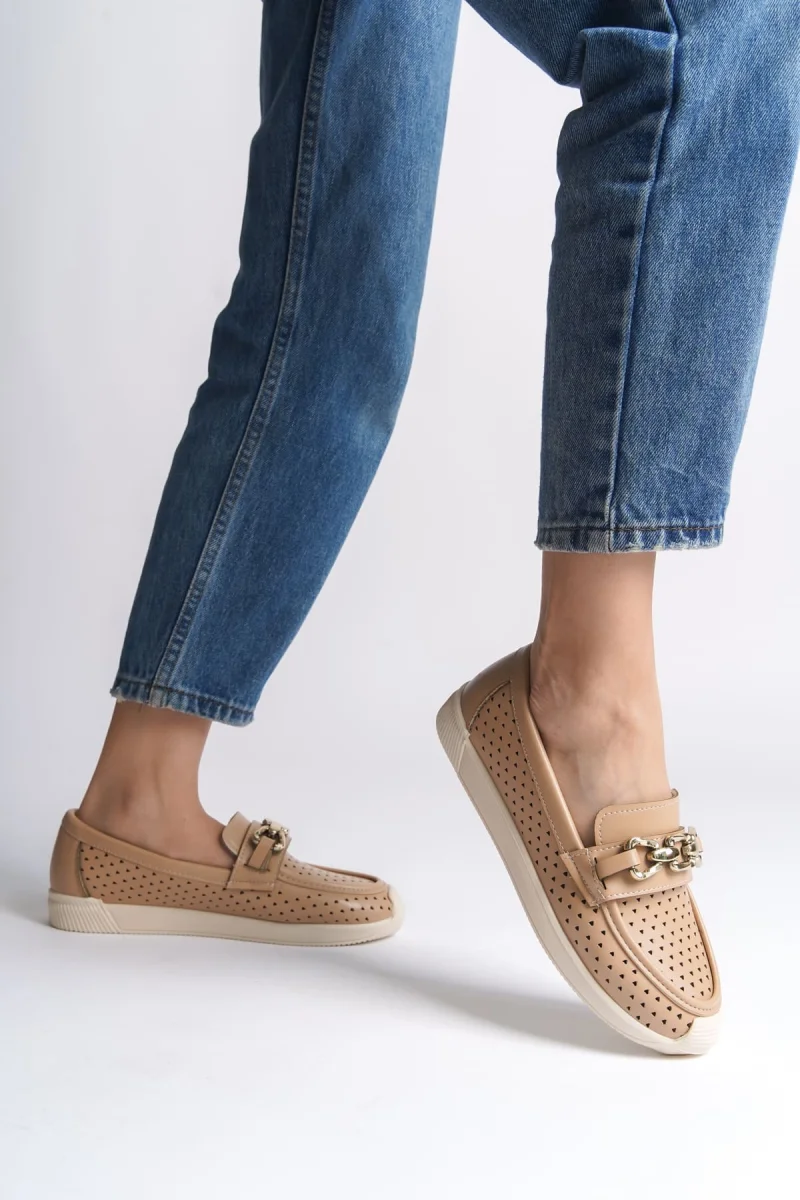 LAYLA Bağcıksız Ortopedik Rahat Taban Kalp Desenli Kadın Babet Ayakkabı CKT - Ten