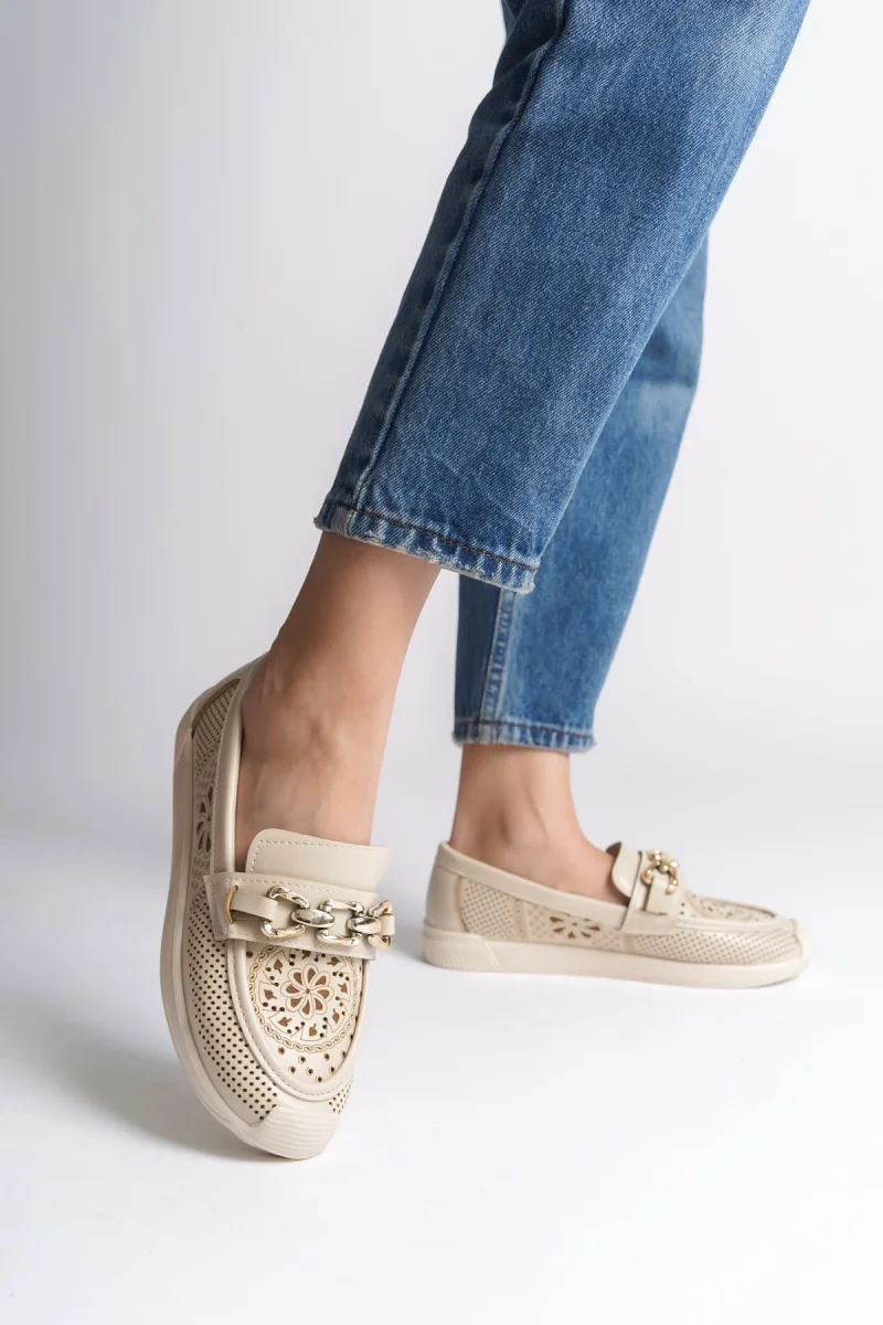 LAYLA Bağcıksız Ortopedik Rahat Taban Çiçek Desenli Kadın Babet Ayakkabı CKT - Krem