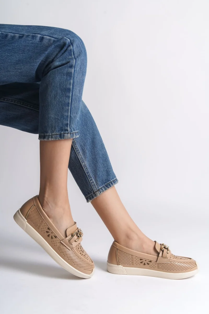 LAYLA Bağcıksız Ortopedik Rahat Taban Çiçek Desenli Kadın Babet Ayakkabı  CKT - Ten