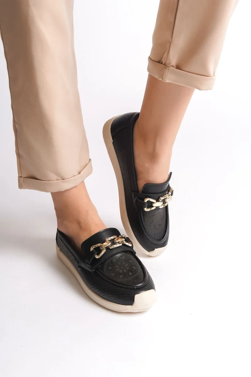 LAYLA Bağcıksız Ortopedik Rahat Taban Çiçek Desenli Kadın Babet Ayakkabı  CKT - Siyah