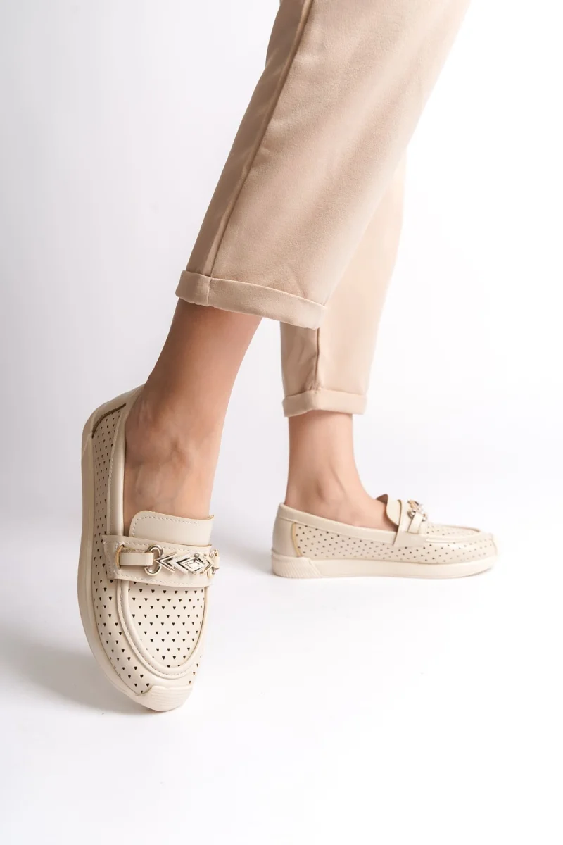 LILY Bağcıksız Ortopedik Rahat Taban Kalp Desenli Kadın Babet Ayakkabı  CKT - Krem