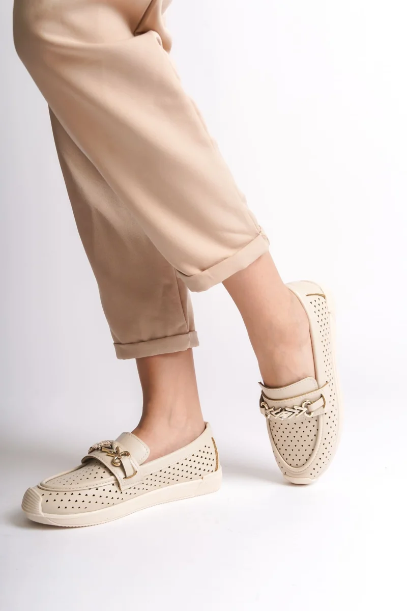 LILY Bağcıksız Ortopedik Rahat Taban Kalp Desenli Kadın Babet Ayakkabı  CKT - Krem