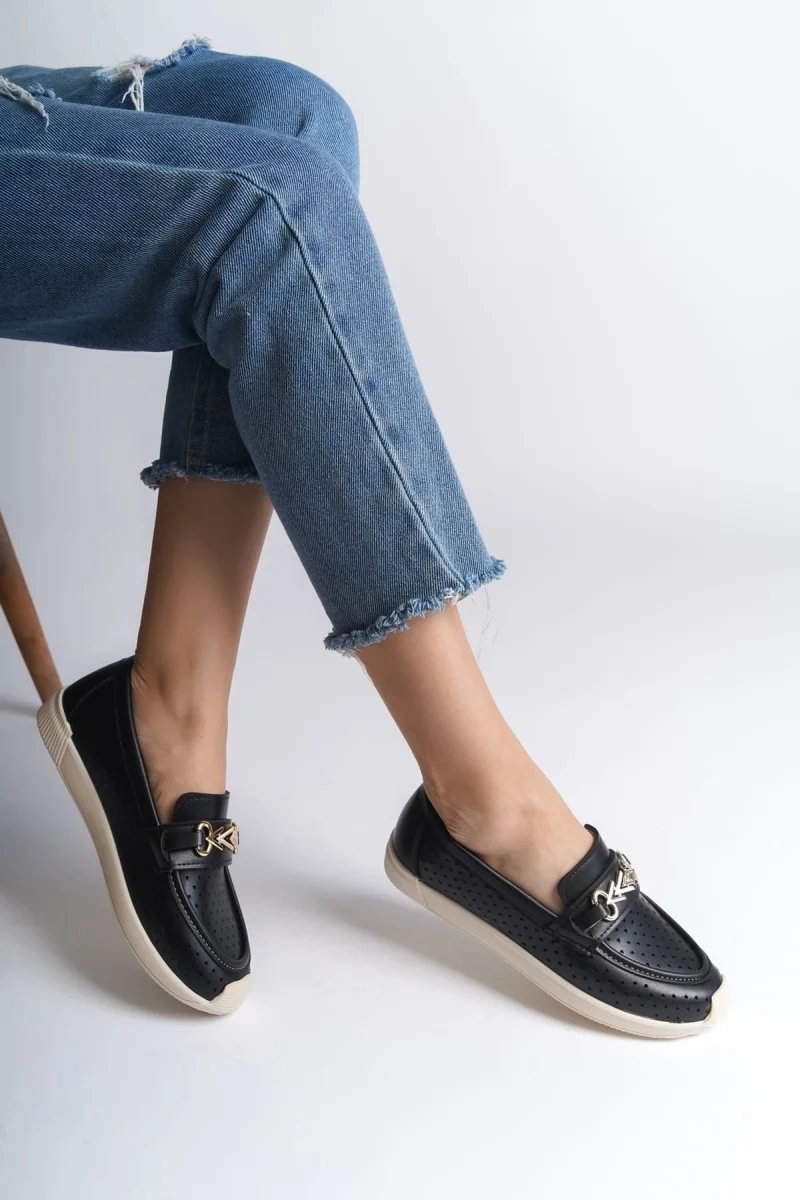 LILY Bağcıksız Ortopedik Rahat Taban Kalp Desenli Kadın Babet Ayakkabı  CKT - Siyah