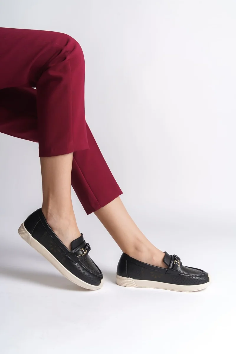 LIZY Bağcıksız Ortopedik Rahat Taban Çiçek Desenli Kadın Babet Ayakkabı  CKT - Siyah