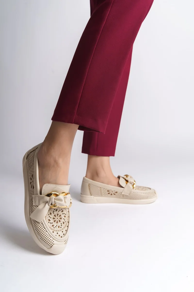 LYDIA Bağcıksız Ortopedik Rahat Taban Çiçek Desenli Kadın Babet Ayakkabı  CKT - Krem