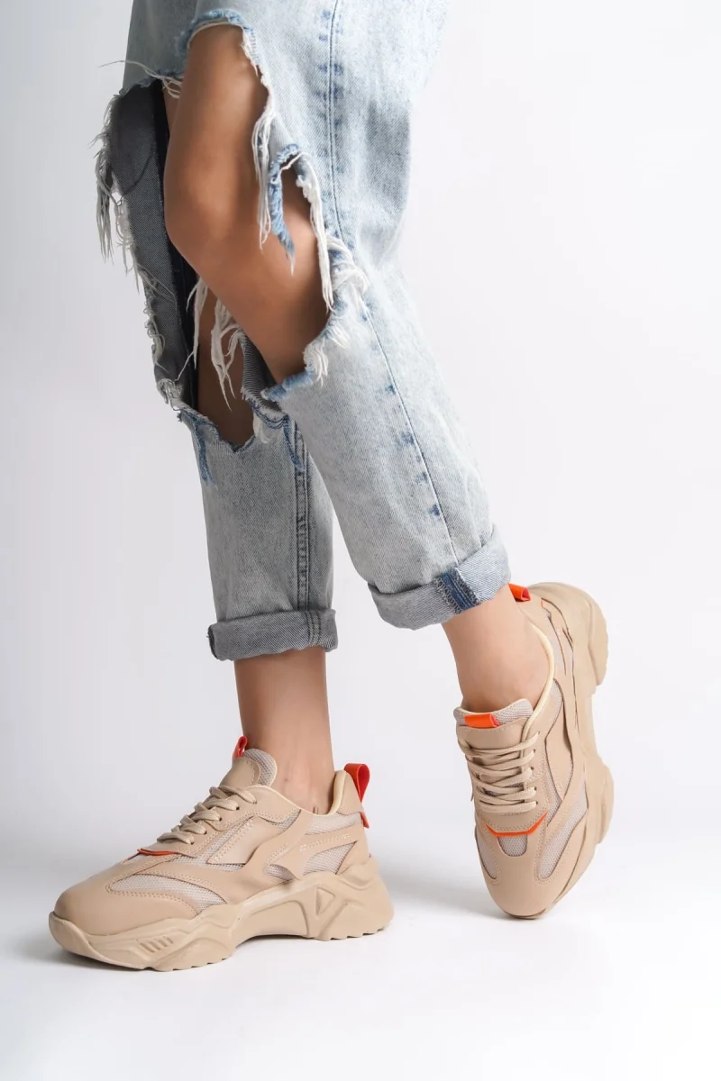 TOKYO Bağcıklı Ortopedik Taban Triko Detaylı Kadın Spor Ayakkabı  TTT - Ten/Turuncu