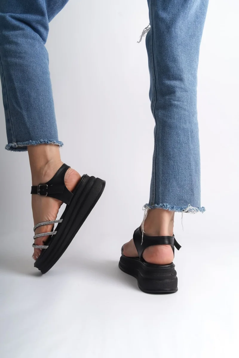 EVA Kalın Tokalı Taşlı Şeritli Ortopedik Taban Kadın Sandalet  CST - Siyah