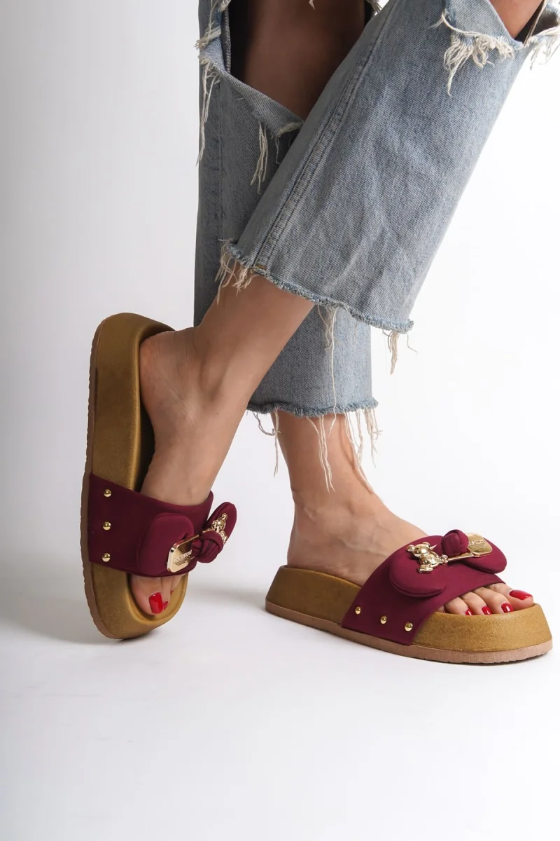 DILA Kalın ve Ortopedik Taban Ayıcıklı Saten Kadın Terlik  SKT - Bordo