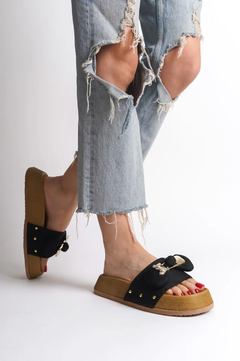 DILA Kalın ve Ortopedik Taban Ayıcıklı Saten Kadın Terlik  SKT - Siyah