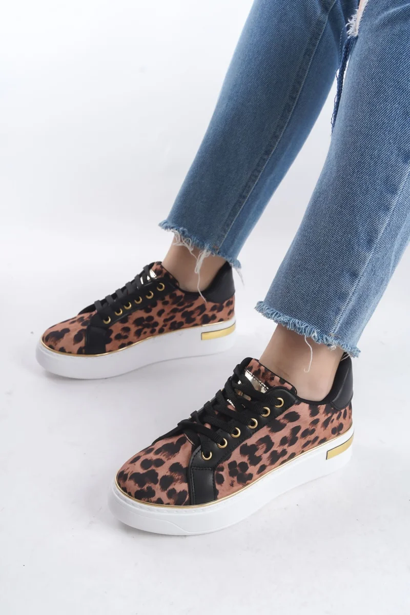 MINA Bağcıklı Ortopedik Taban Leopar Desenli Kadın Sneaker Spor Ayakkabı  TBT - Kahverengi