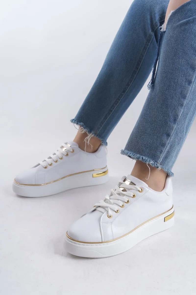 MINA Bağcıklı Ortopedik Taban Kadın Sneaker Spor Ayakkabı  CBT - Beyaz/Altın